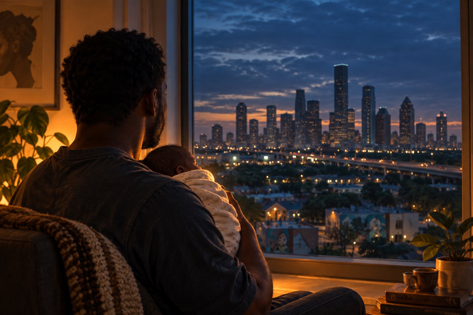 Conceptual illustration of a father holding a swaddled baby beside a window overlooking a city at dusk.