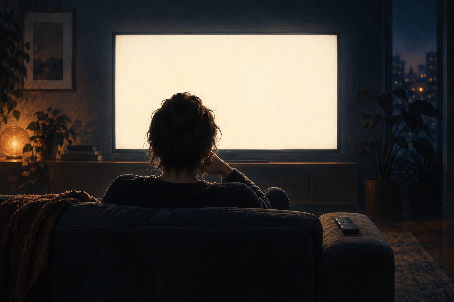 An illustrated viewer sits on a dark sofa facing a glowing blank television, with a remote on the armrest.
