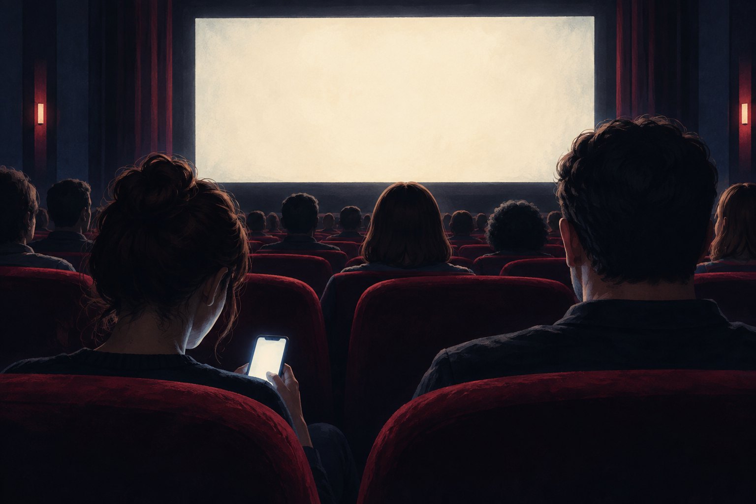 Editorial illustration of a glowing phone among seated moviegoers facing a large cinema screen.