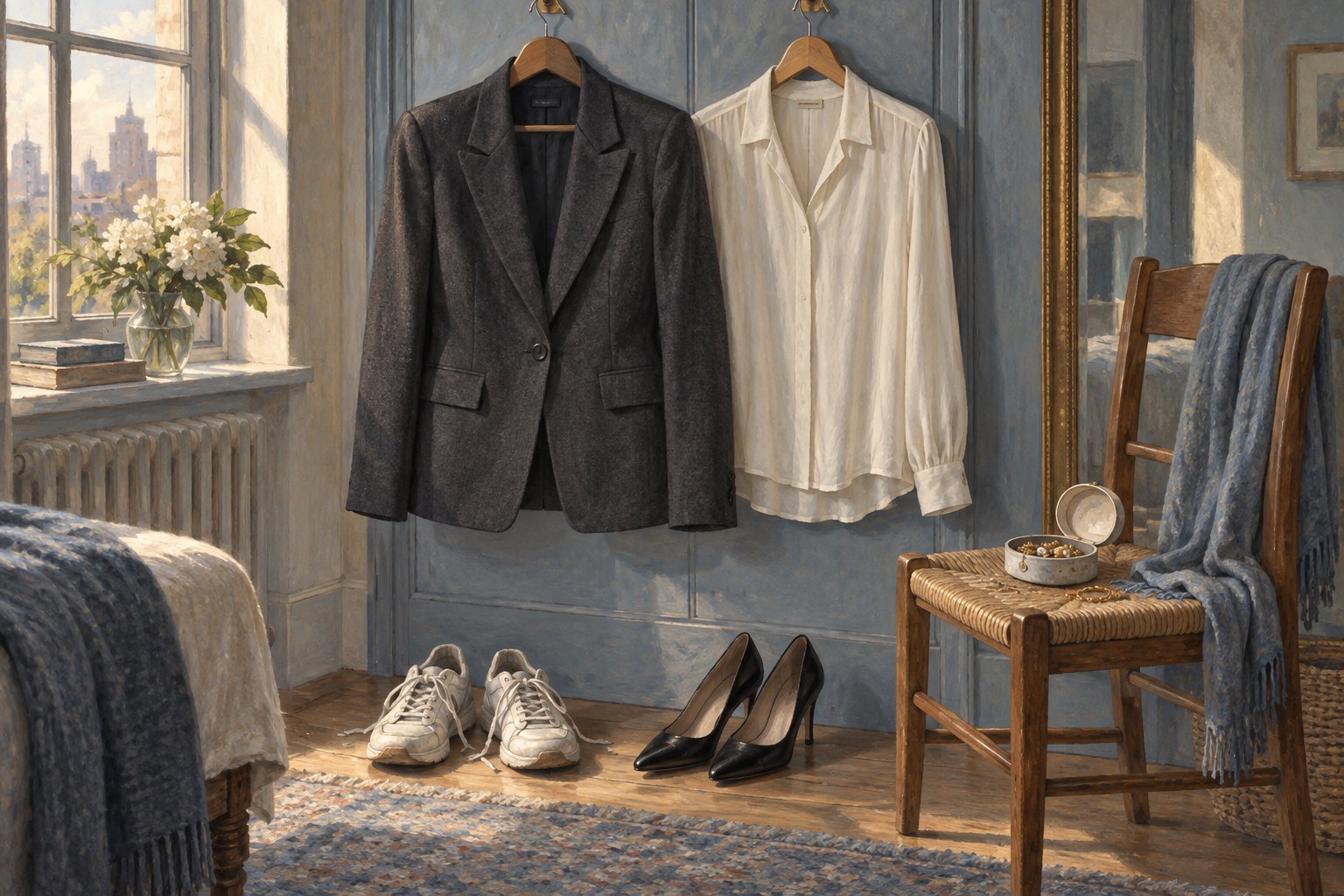 Illustration of a charcoal blazer and ivory blouse hanging above white sneakers and black pumps in a sunlit room.