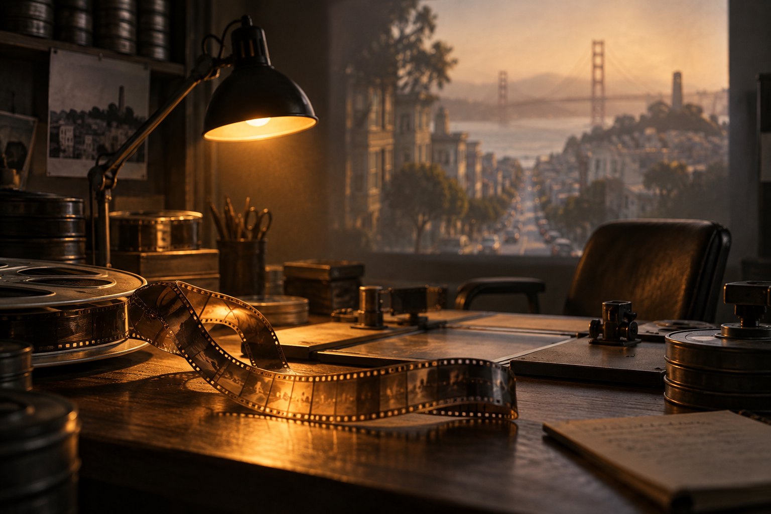 Symbolic illustration of an empty editing desk with film reels, an amber lamp, and a projected San Francisco cityscape.