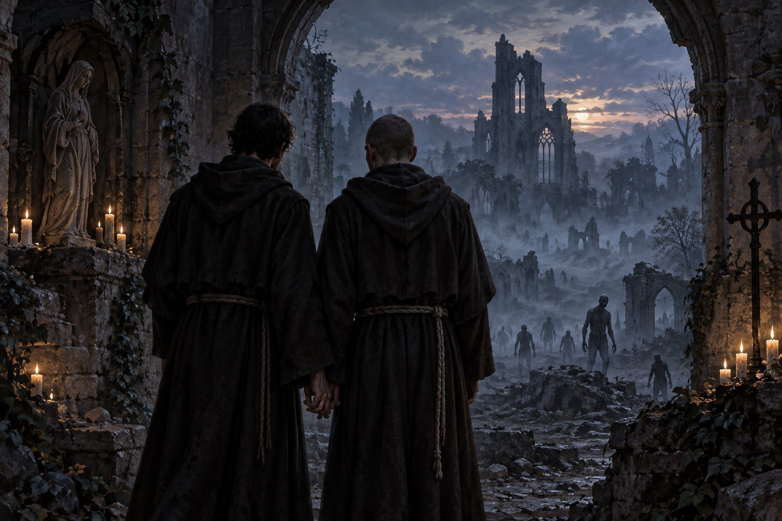 Conceptual illustration of two robed men holding hands beneath a stone arch as shadowy figures approach through mist.