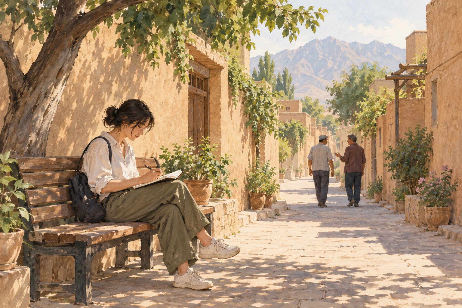 街巷观察主题插画：旅行者坐在树荫下的长椅上做笔记，两位居民沿土色院墙交谈前行