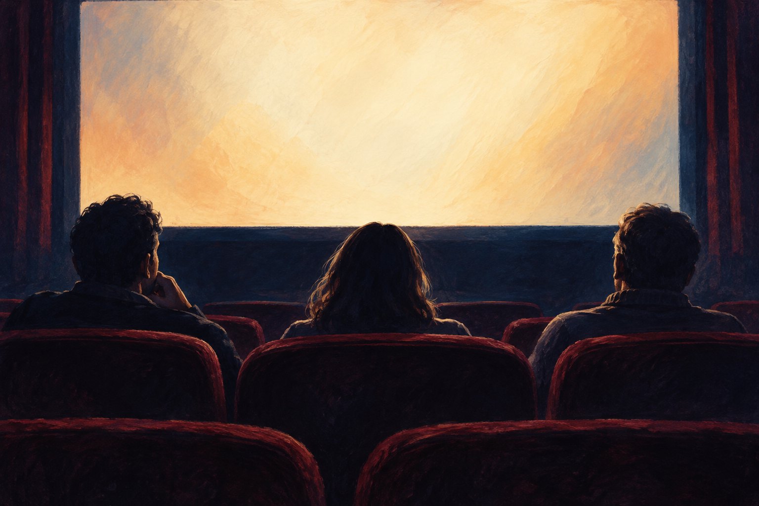 Conceptual illustration of three viewers facing a softly illuminated screen in a dark movie theater.