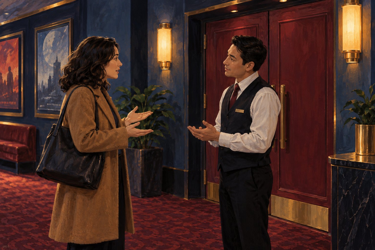 Editorial illustration of a moviegoer calmly speaking with a theater attendant outside auditorium doors.