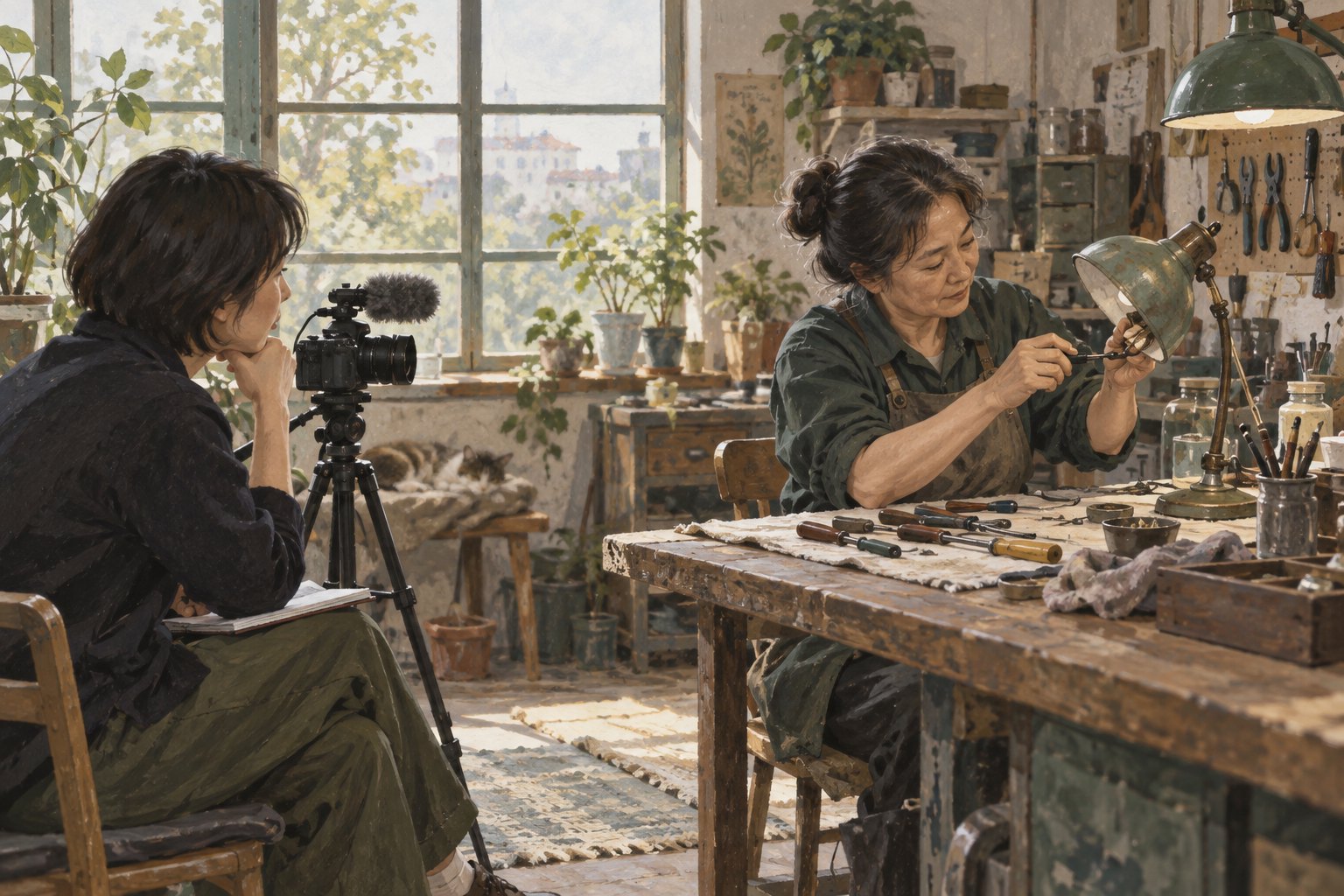 修理师在窗边工作，拍摄者坐在摄像机旁安静观察的概念插画