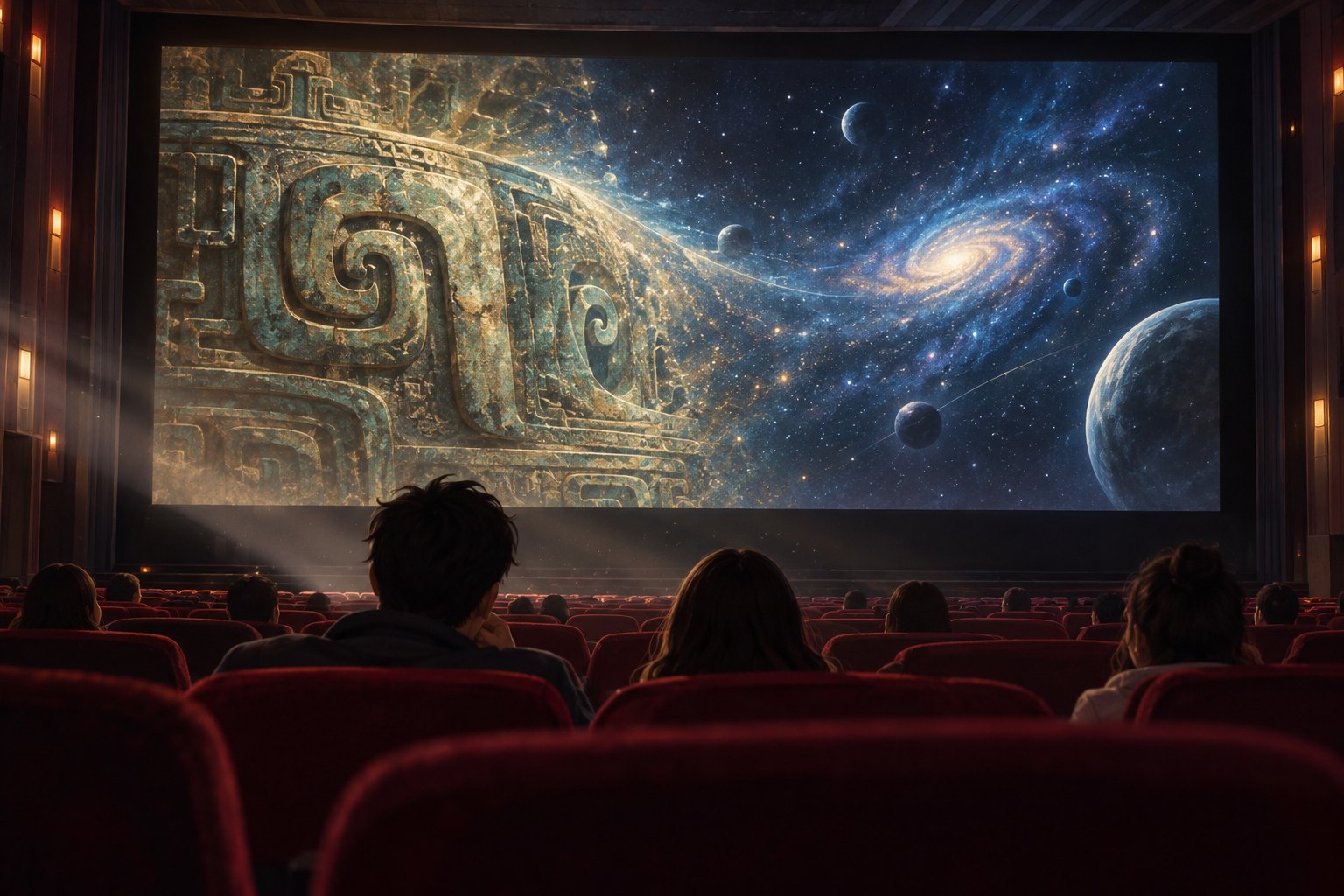 观众在影院注视青铜纹理与星空交融的银幕画面，非电影剧照