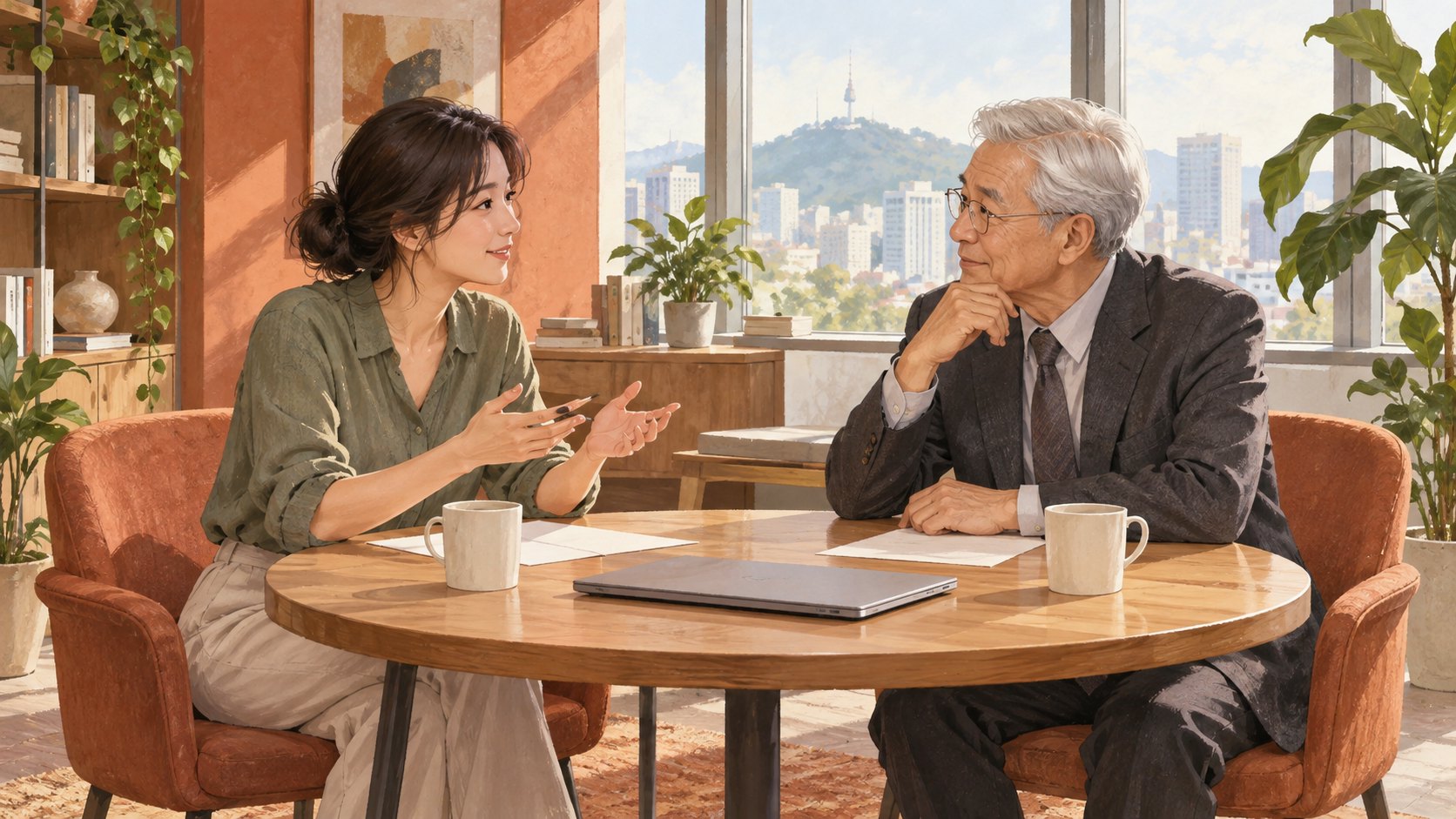 原創概念插畫:年輕女性與銀髮男性平坐於辦公室圓桌兩側,透過傾聽交流工作想法,非電影劇照。