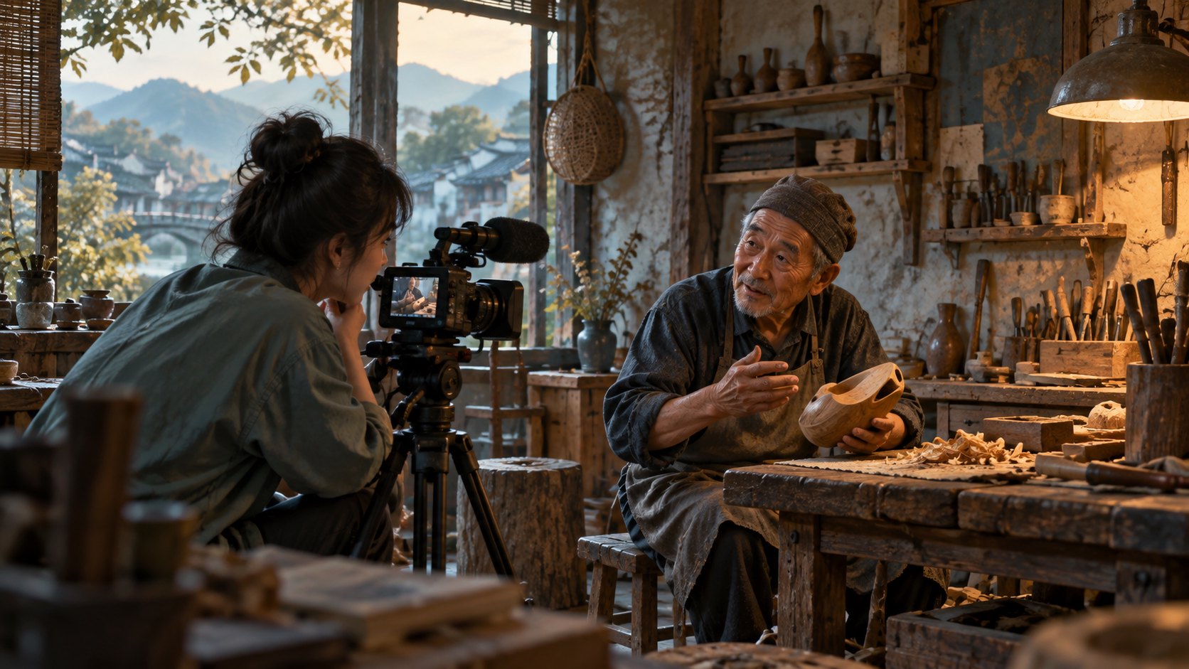 原創概念插畫:年輕影像創作者在木作工坊以攝影機記錄年長工藝工作者