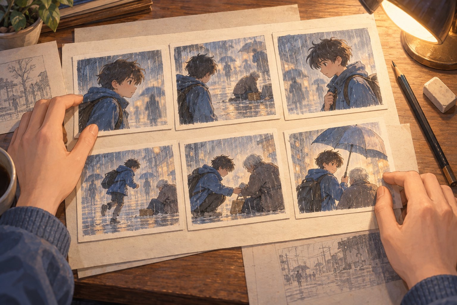 暖色台灯下,创作者整理描绘蓝衣角色雨中帮助路人的六格动画分镜