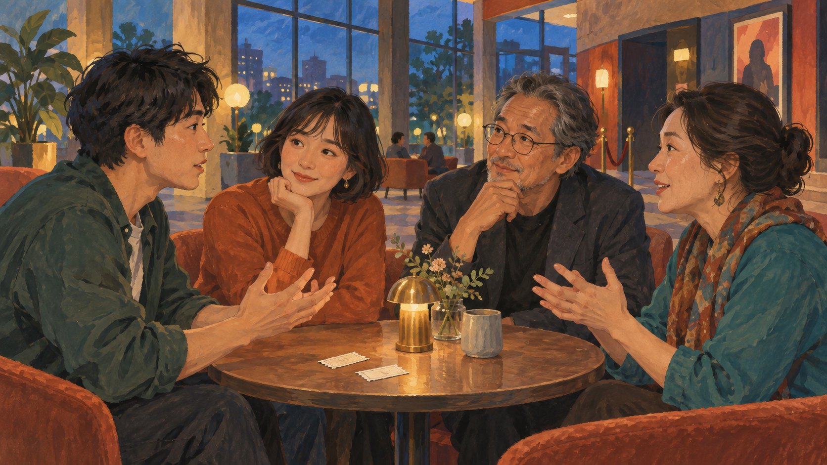 原創概念插畫:四名觀眾在戲院交誼空間圍桌交流,延續散場後的電影討論