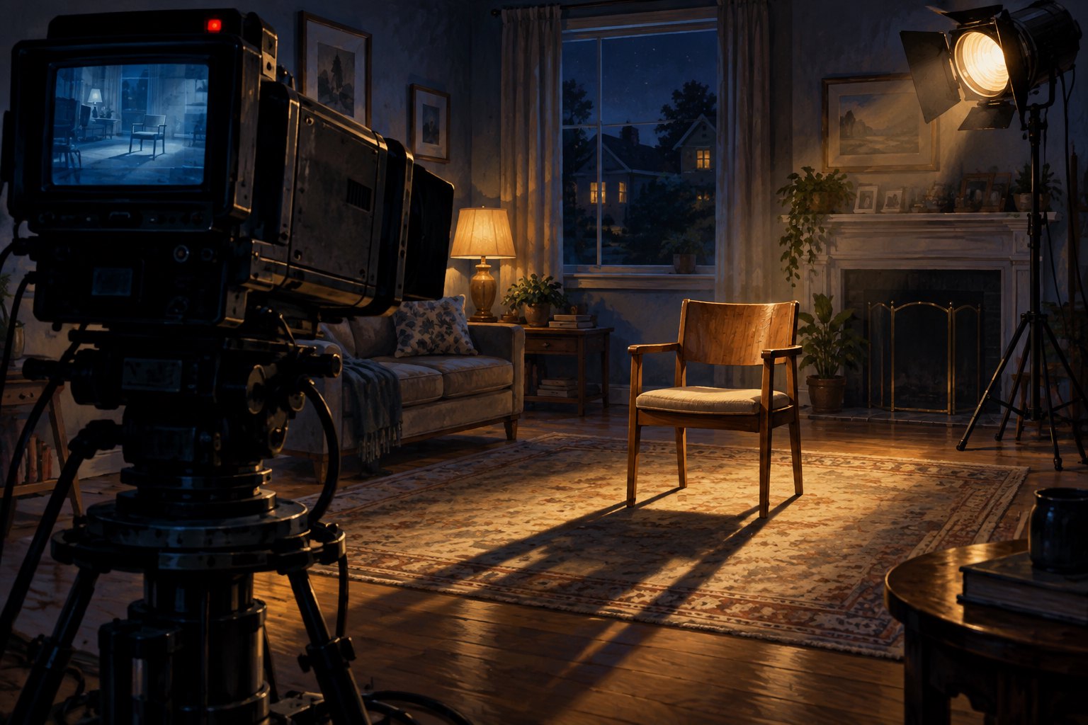Conceptual illustration of a broadcast camera facing an empty wooden chair under a spotlight in a suburban living room.
