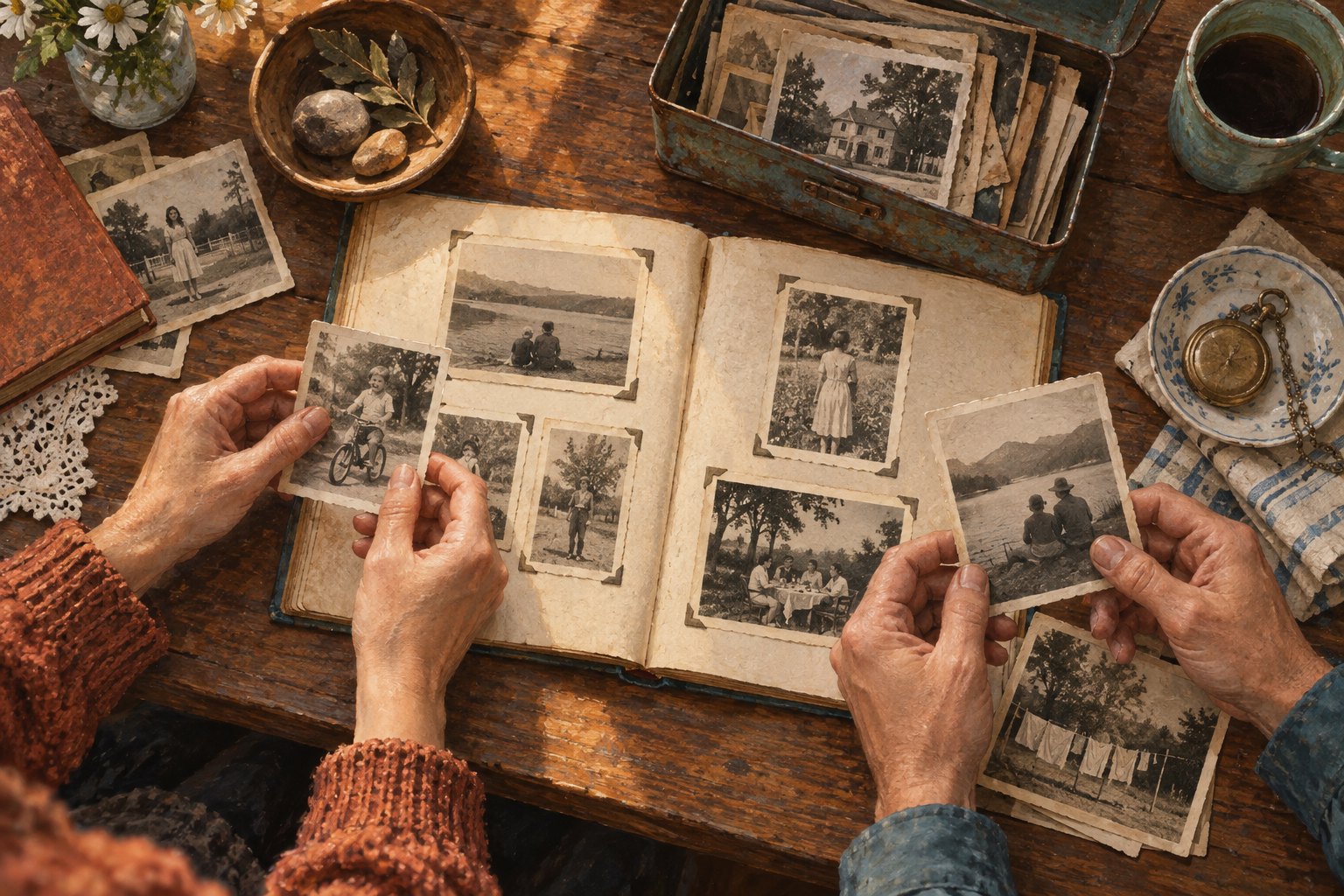 Conceptual illustration of two people sorting faded family photographs around an open album on a wooden table.