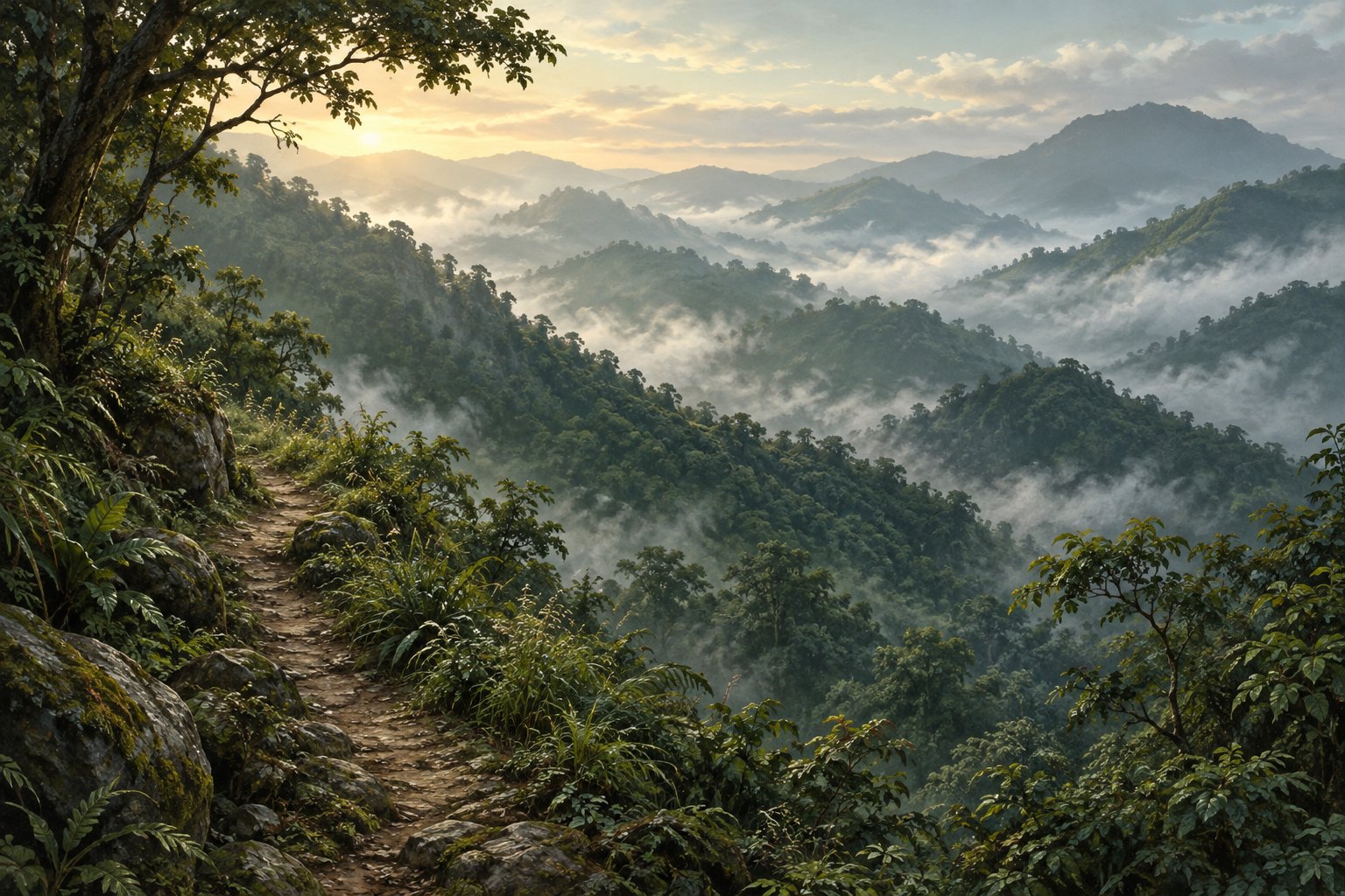 Conceptual illustration of misty, forested mountains and a narrow footpath, evoking the themes of home and loss in Angh.