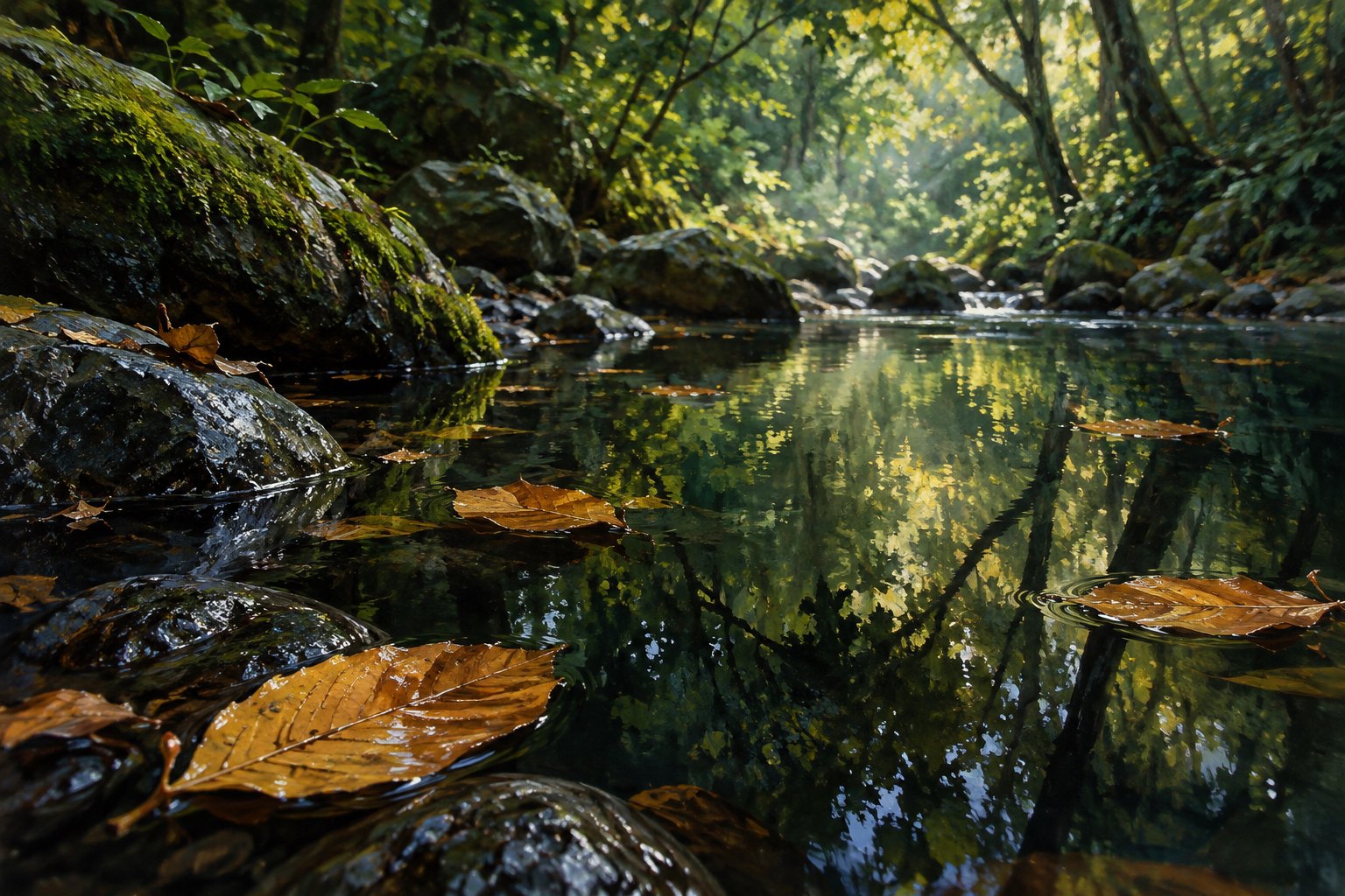 Conceptual illustration of amber leaves floating on a forest stream beneath reflected trees, evoking memory and change.