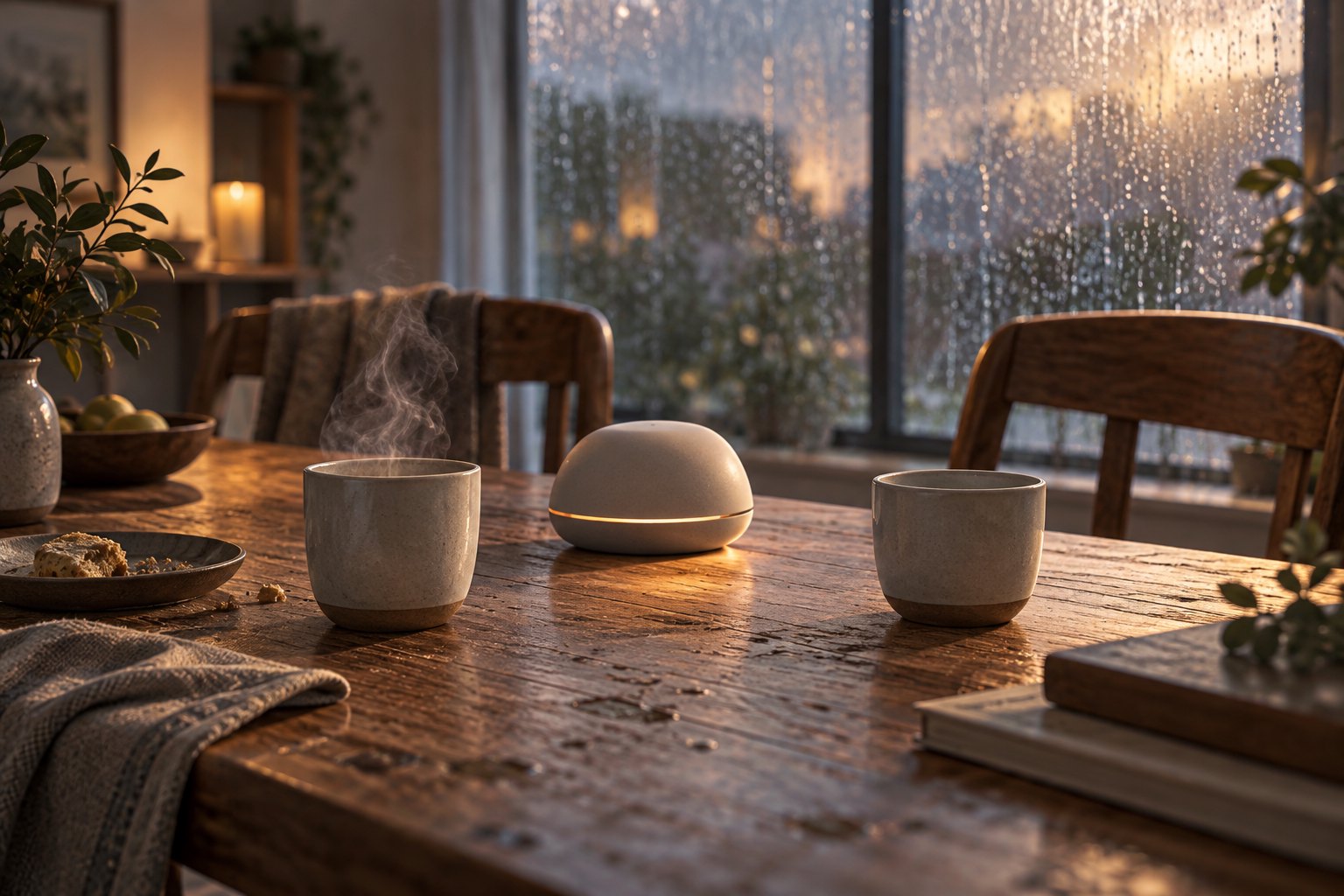 雨窗前的木桌上摆着两只陶杯与智能装置,原创生活科幻概念配图,非影片剧照