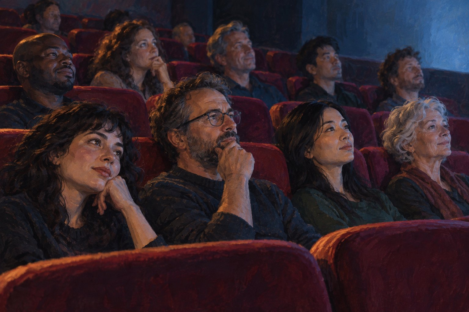 Painterly illustration of thoughtful moviegoers watching an unseen screen from burgundy cinema seats.
