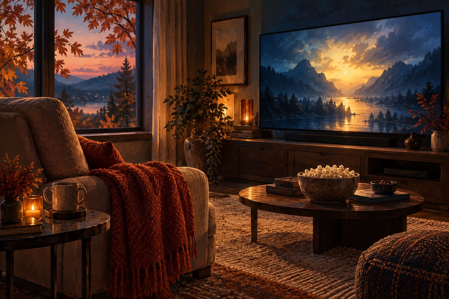 An illustrated autumn living room with a glowing television, a rust-colored blanket, and popcorn beside a window overlooking fall foliage.