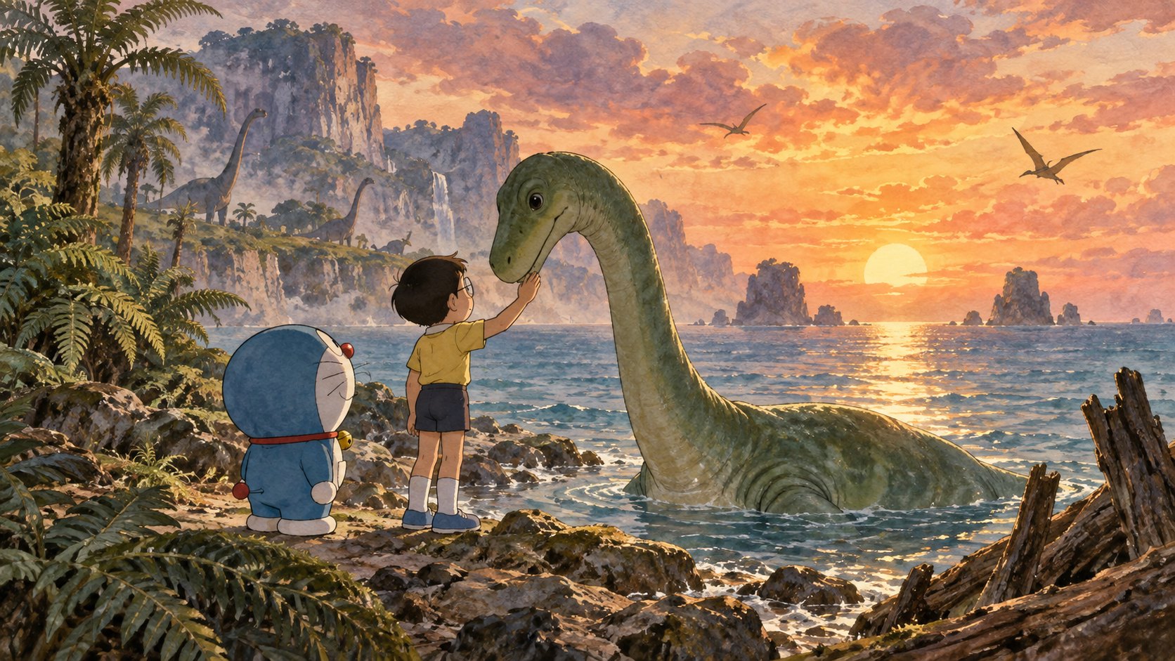 原創概念插畫：夕陽下，大雄與哆啦A夢在史前海岸陪伴長頸小恐龍