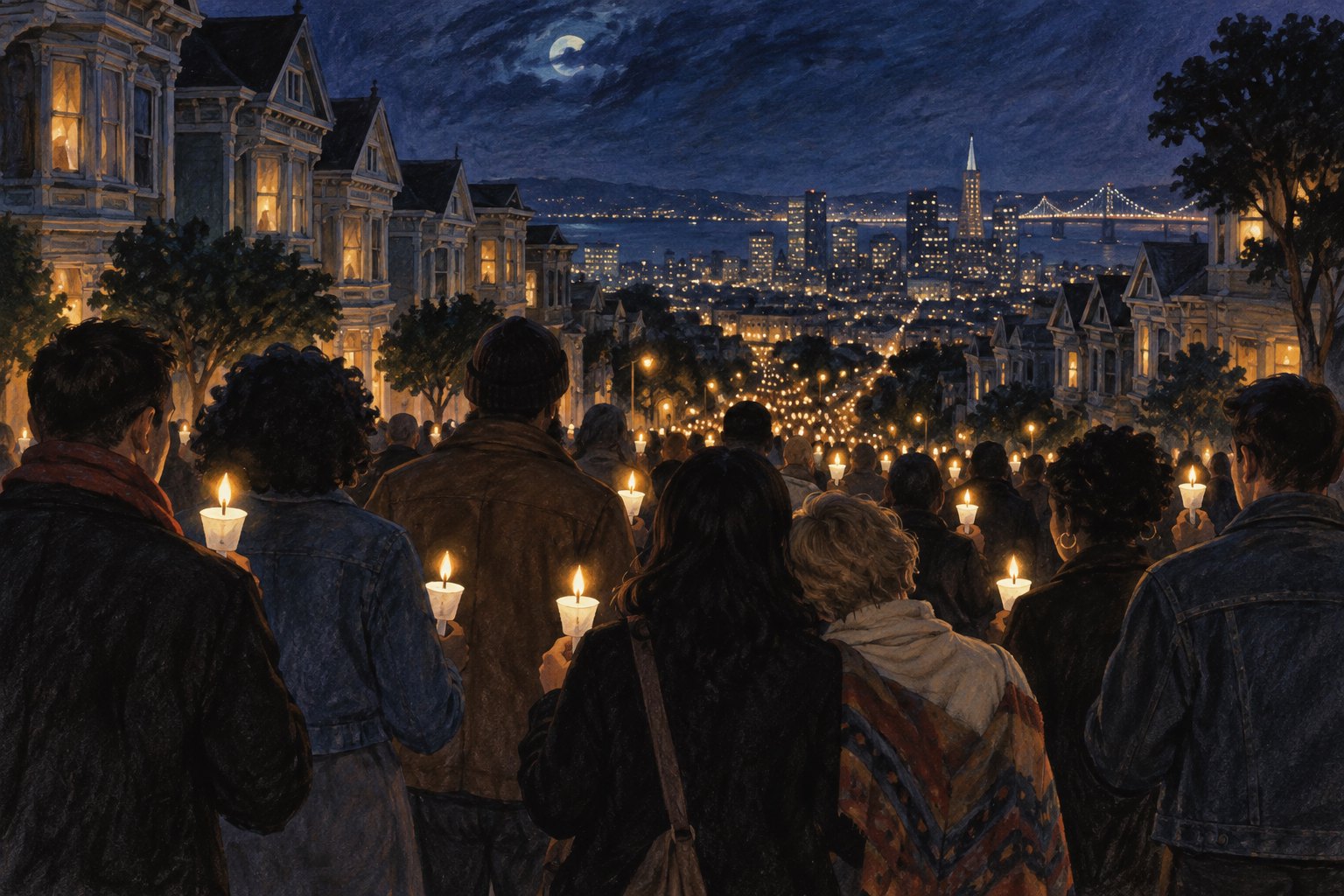 Painterly illustration of candle-carrying marchers walking through a San Francisco neighborhood at night.