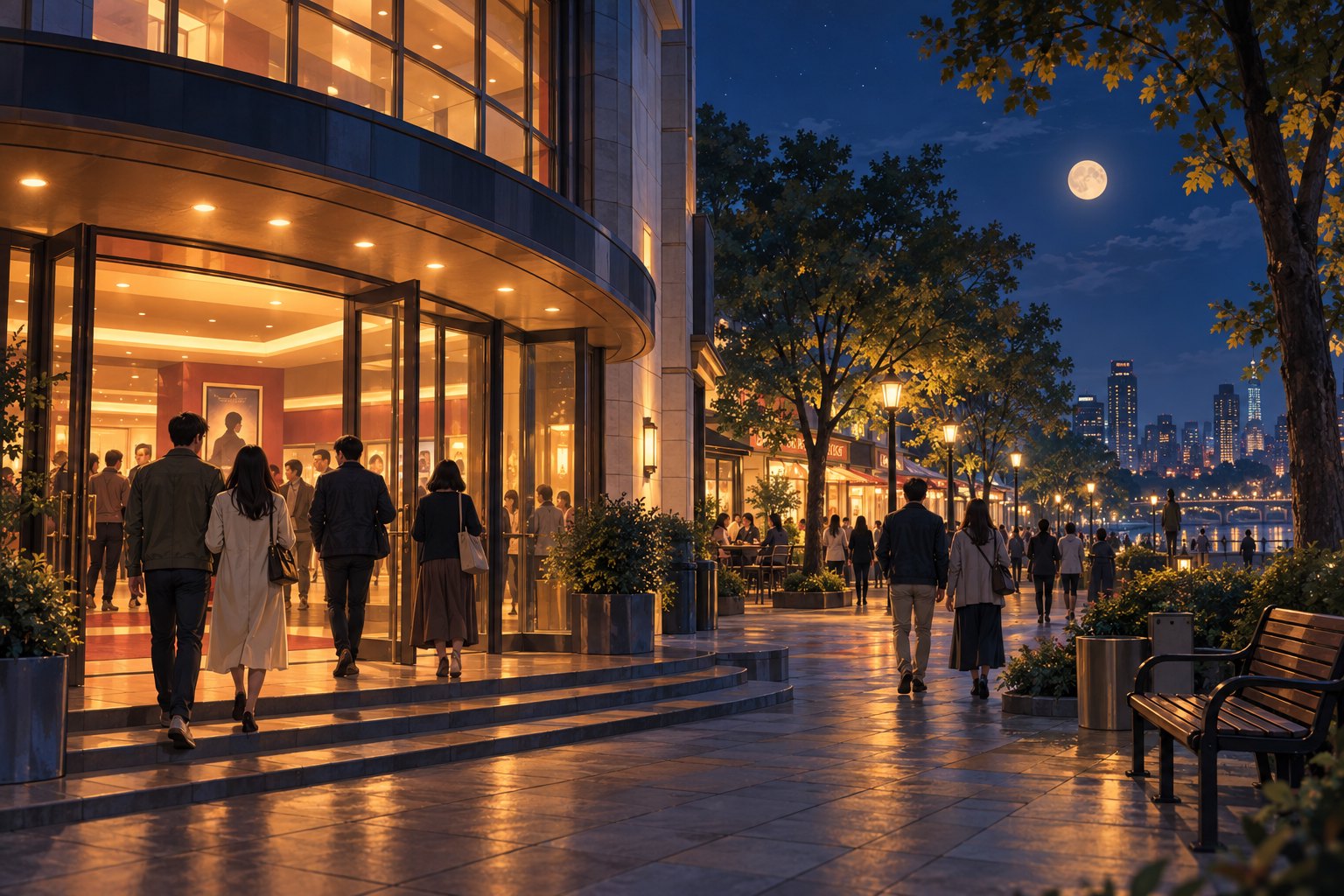 中秋月夜,观众从灯光温暖的影院入口走向树影与街灯相伴的城市步道插画