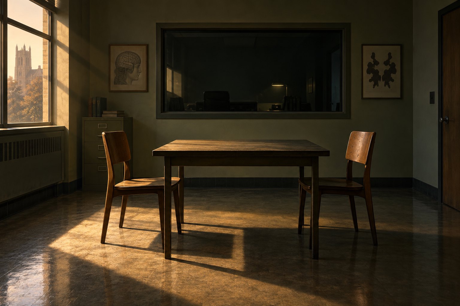 Conceptual illustration of two chairs facing each other across a table in a dim university psychology testing room.
