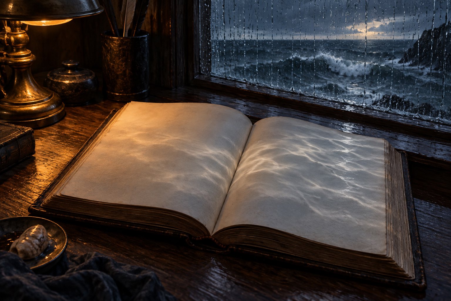Conceptual illustration of an open book beside a rain-streaked window, with ocean-like shadows crossing its blank pages.