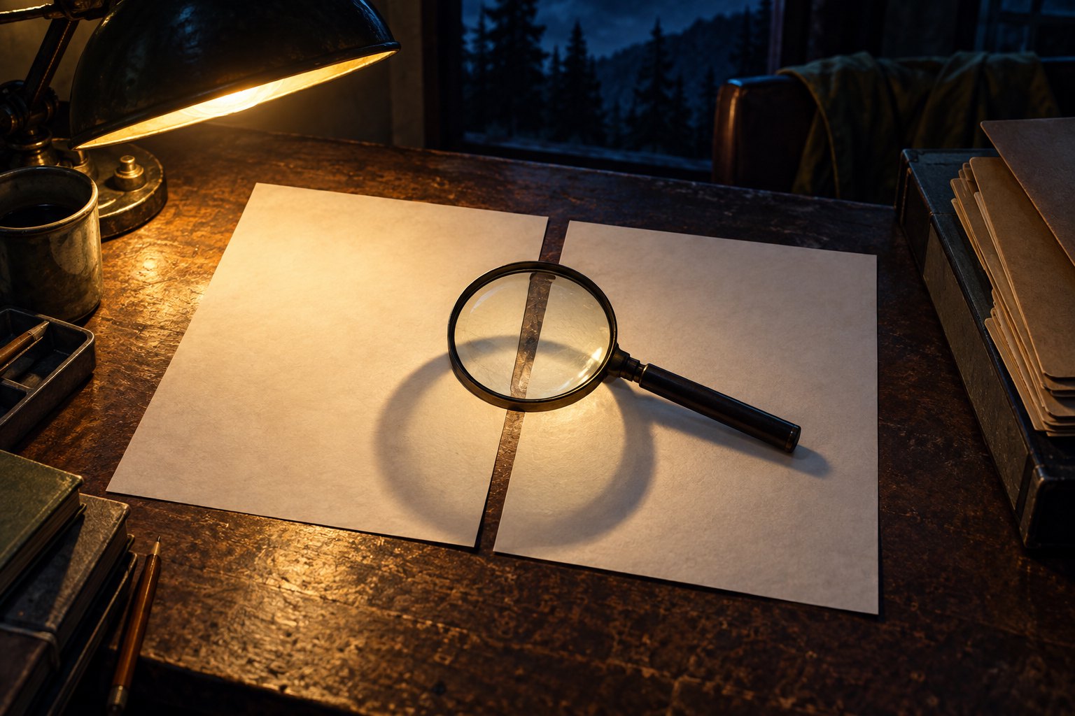 Conceptual illustration of a magnifying glass resting across two blank sheets on a lamplit investigation desk.