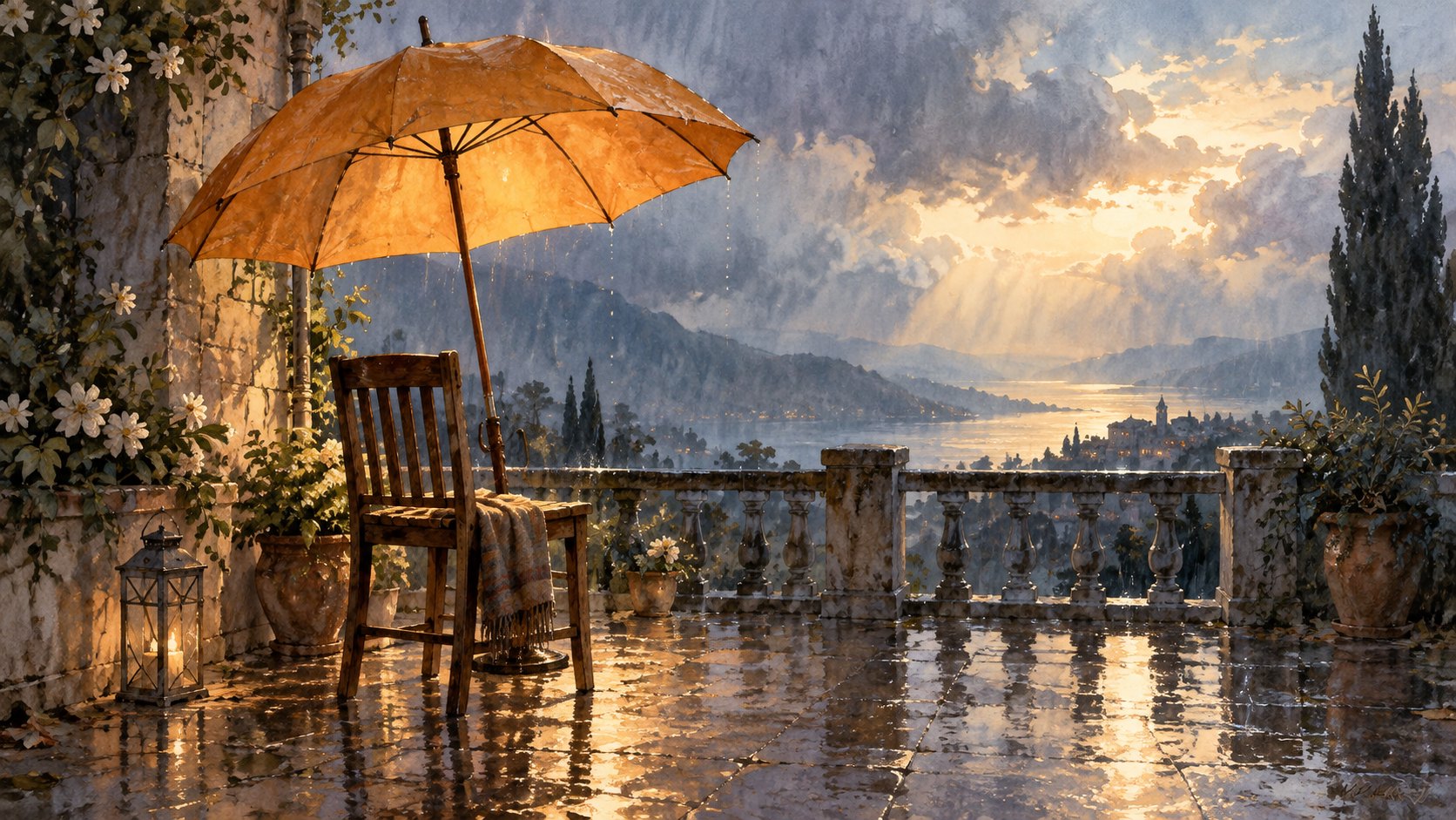 雨中的暖黃色傘遮護著空木椅，以原創概念插畫象徵親人留下的照顧與思念