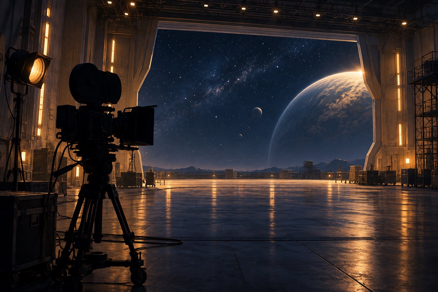 Conceptual illustration of a movie camera on an empty science-fiction soundstage overlooking stars and a glowing planet.
