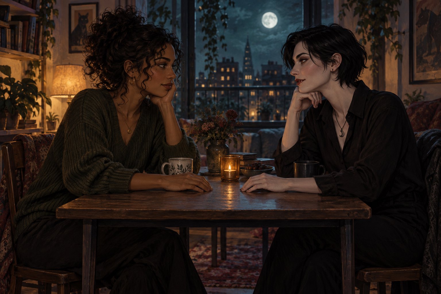 Conceptual illustration of two women sharing an attentive look across a candlelit table beneath a moonlit window.