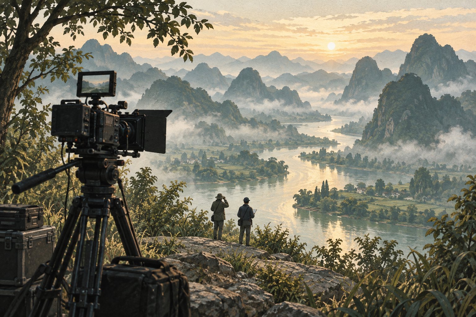 山水外景选址主题插画：摄影机与两名勘景人员面向晨雾中的群山河流，非实际拍摄现场