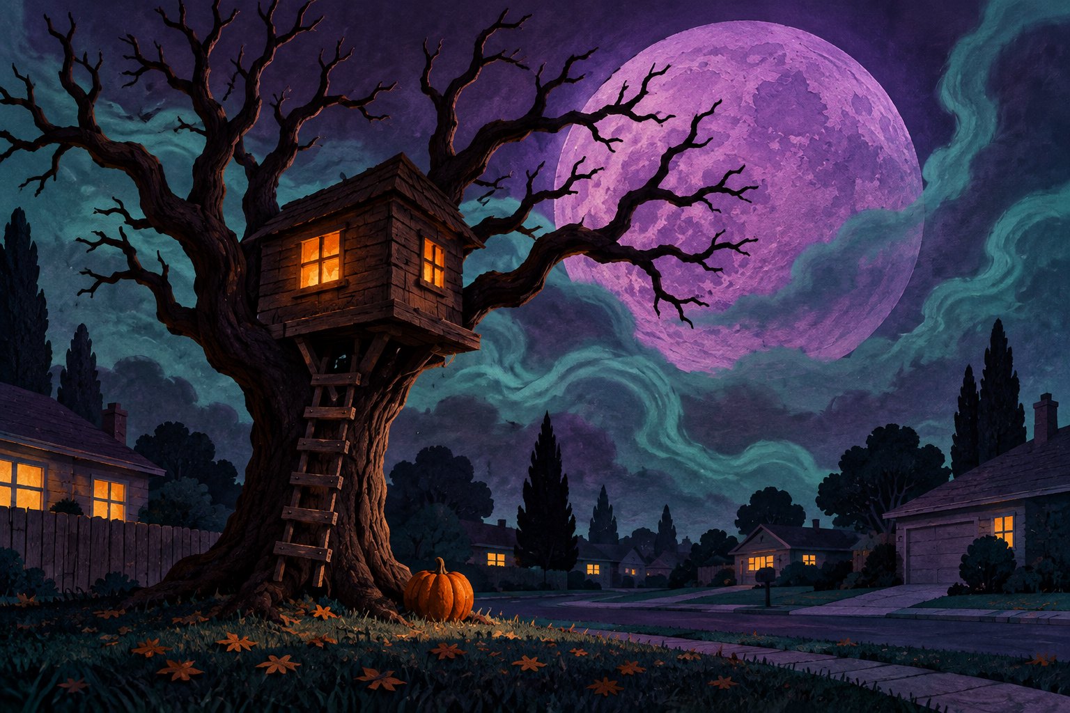 An illustrated wooden treehouse with glowing windows beneath a purple moon, with a pumpkin beside the tree.