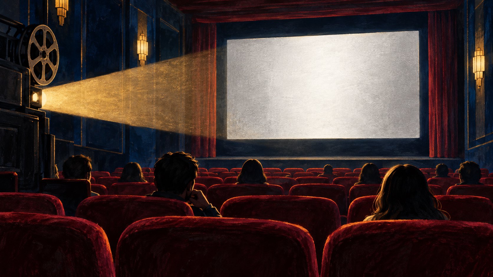 金色放映光束穿過暗色影廳,觀眾坐在紅色座椅上等待開映的概念插畫