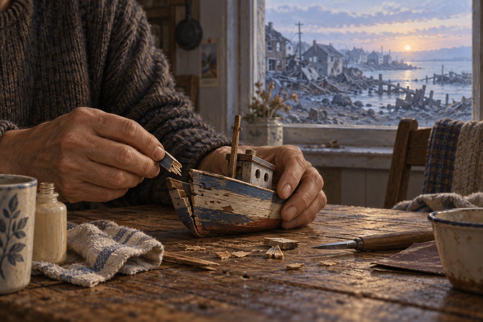 Concept illustration of hands repairing a wooden toy boat beside a window overlooking a damaged coastal neighborhood.