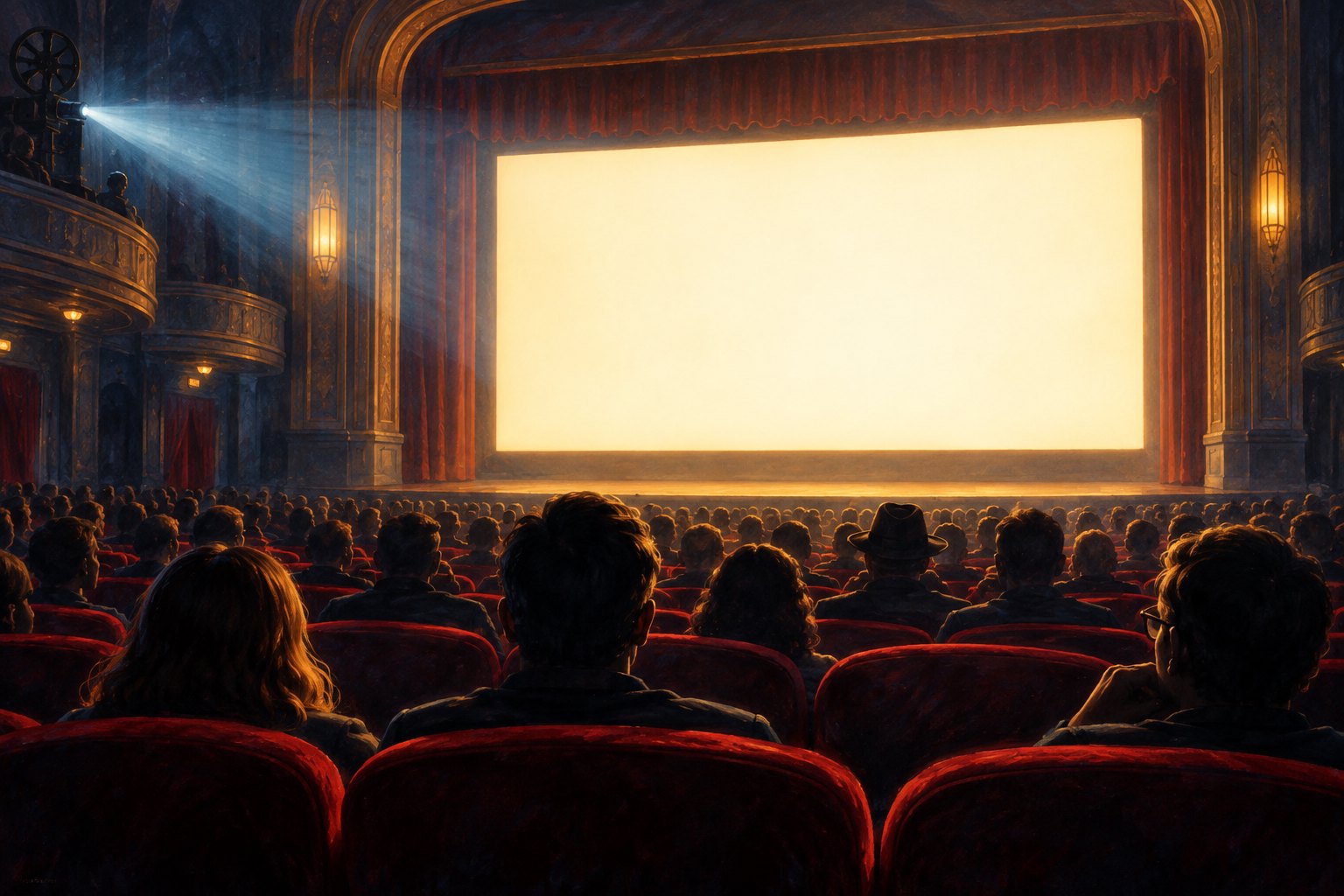 A painted view of an audience seated in a grand movie theater facing a glowing blank screen.