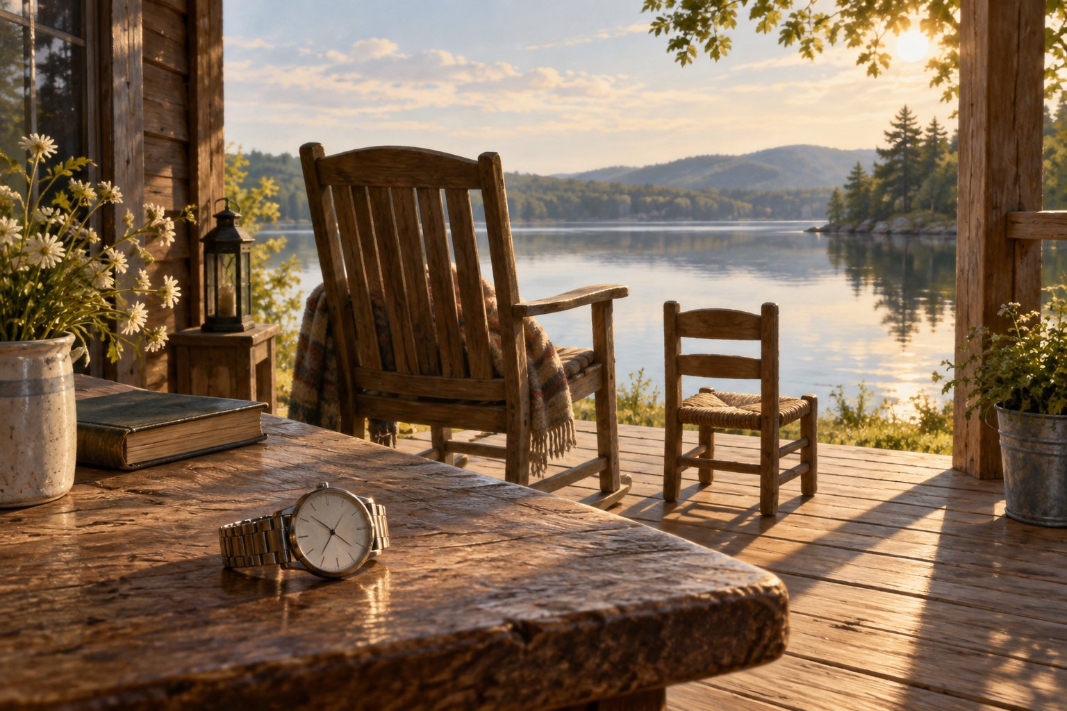 An empty adult chair and a small child's chair overlook a sunlit lake, with a wristwatch resting on a wooden porch table.
