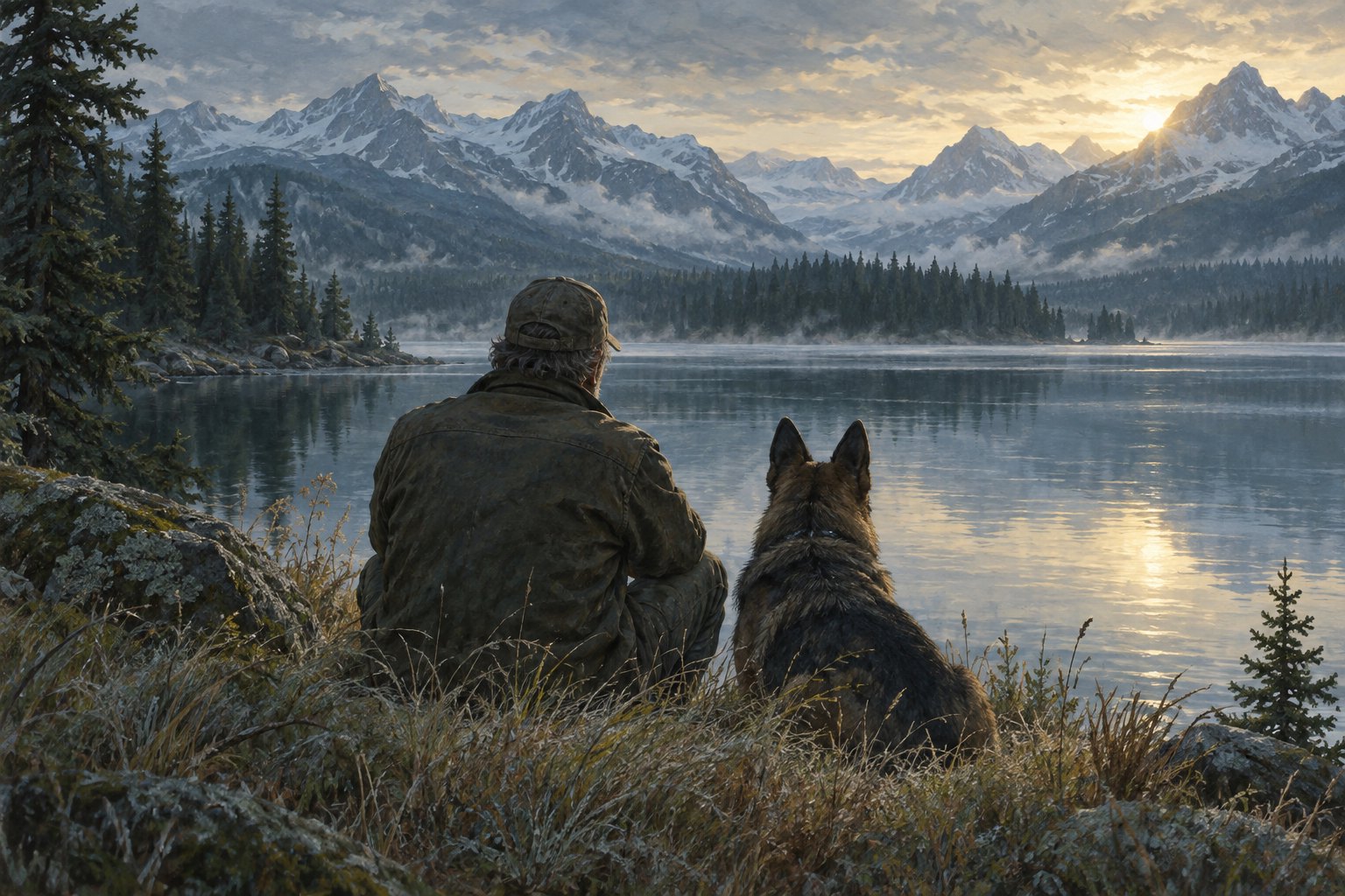 Original illustration of a man and a German shepherd sitting beside a mountain lake beneath a softly lit sky.