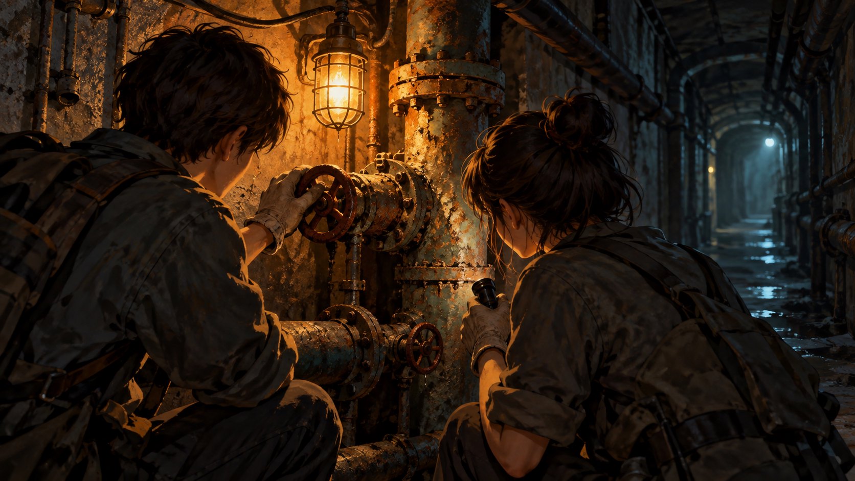 兩名年輕探索者在昏暗地下走廊觀察管線與燈具，原創概念插畫，非電影劇照