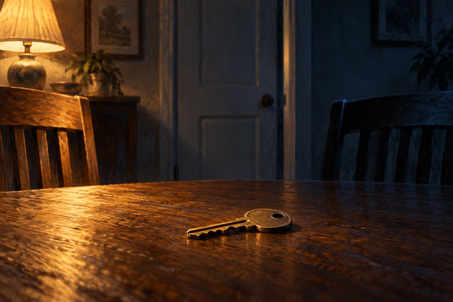 Conceptual illustration of a brass key on a wooden table between empty chairs, divided by warm lamplight and blue shadow.