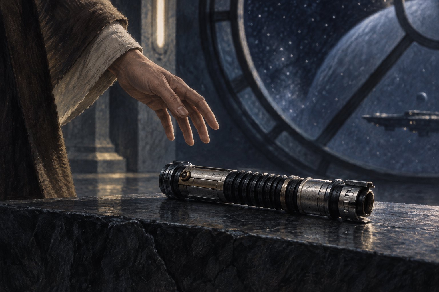 Conceptual illustration of an open hand withdrawing from an unlit lightsaber on a stone ledge beside a spacecraft window.