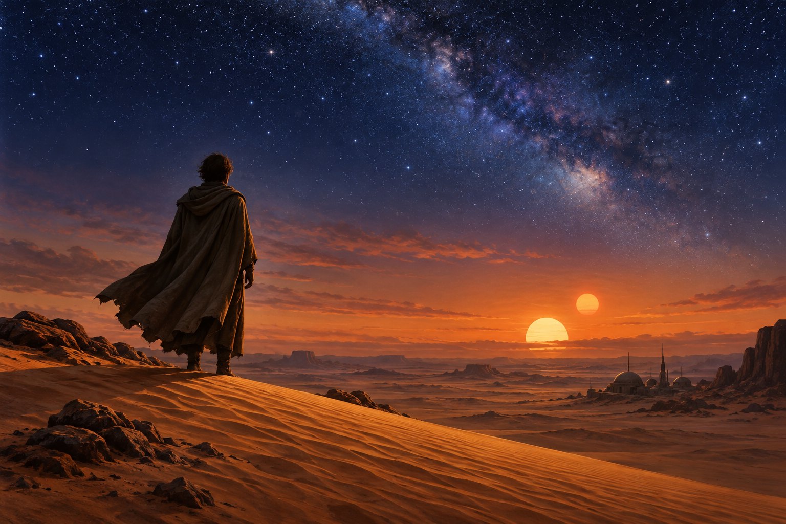 Painterly illustration of a cloaked traveler overlooking desert dunes beneath twin suns and a star-filled sky.