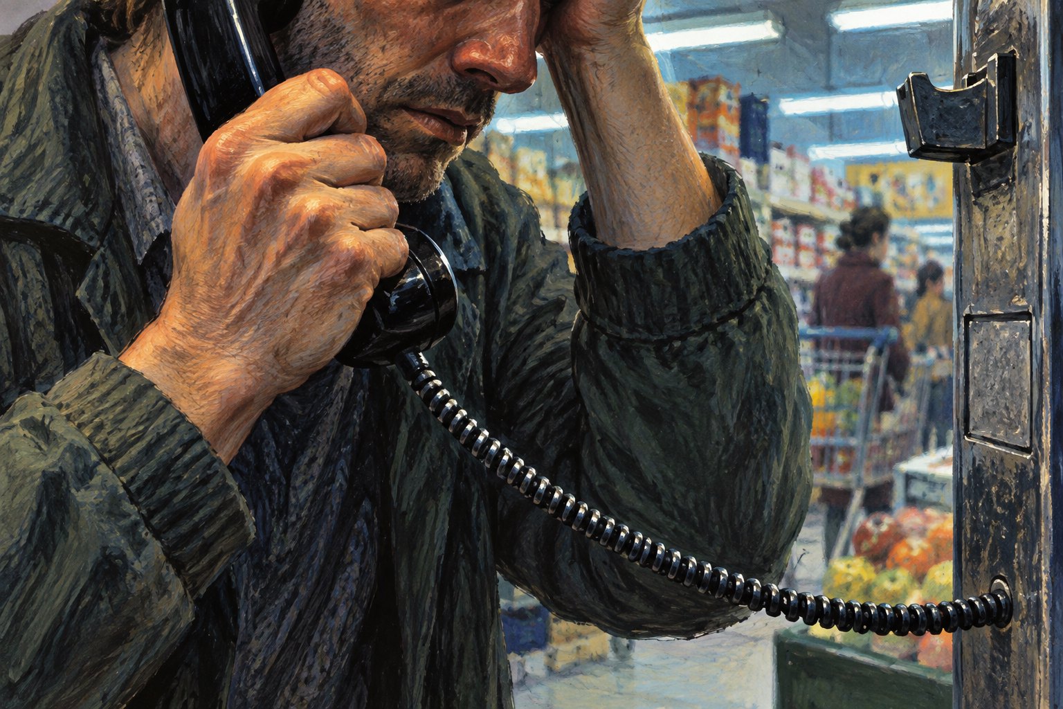 Conceptual illustration of an anxious man gripping a payphone receiver inside a grocery store.