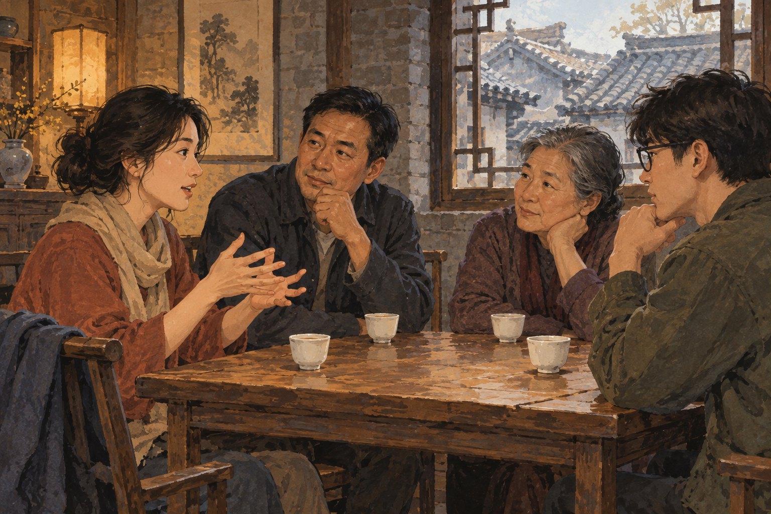 不同年龄的观众围坐木桌交流观影感受的主题插画