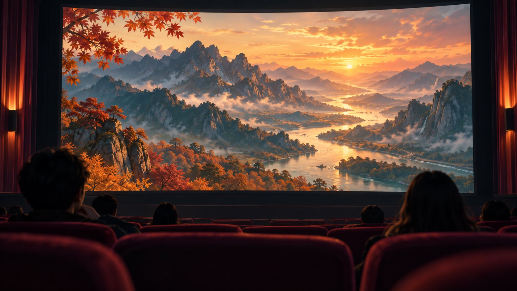 原創概念插畫:觀眾坐在暗色影廳中,欣賞銀幕上的秋日群山與蜿蜒河流