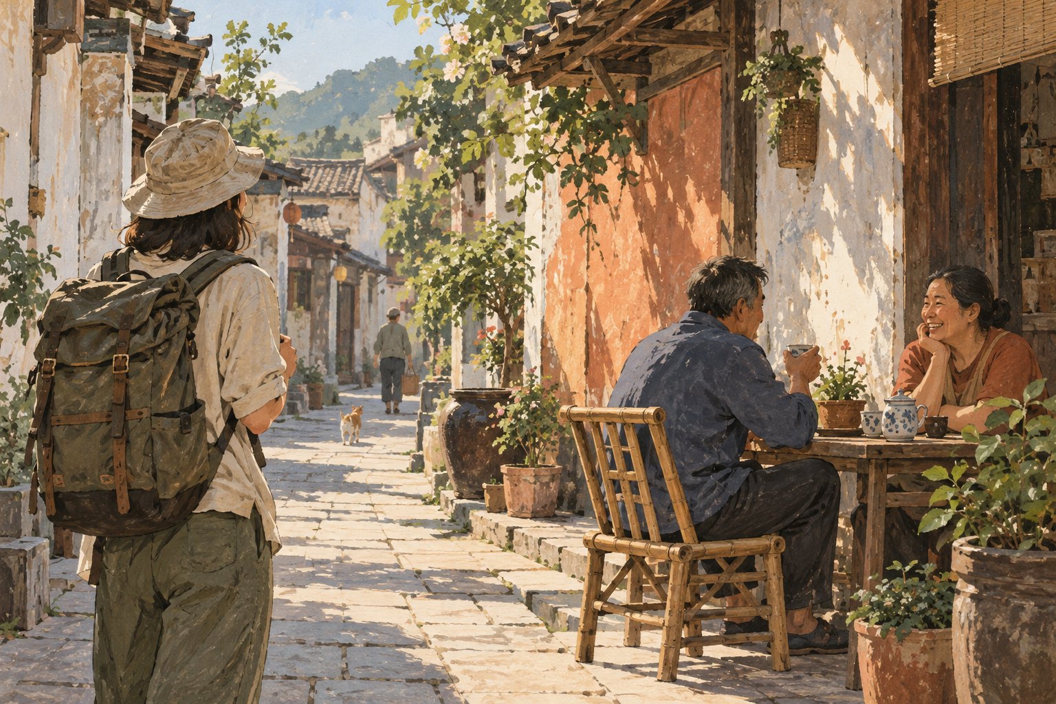 旅人在虚构街巷中停步,观察居民围桌交谈的日常生活,非影片剧照或实景记录