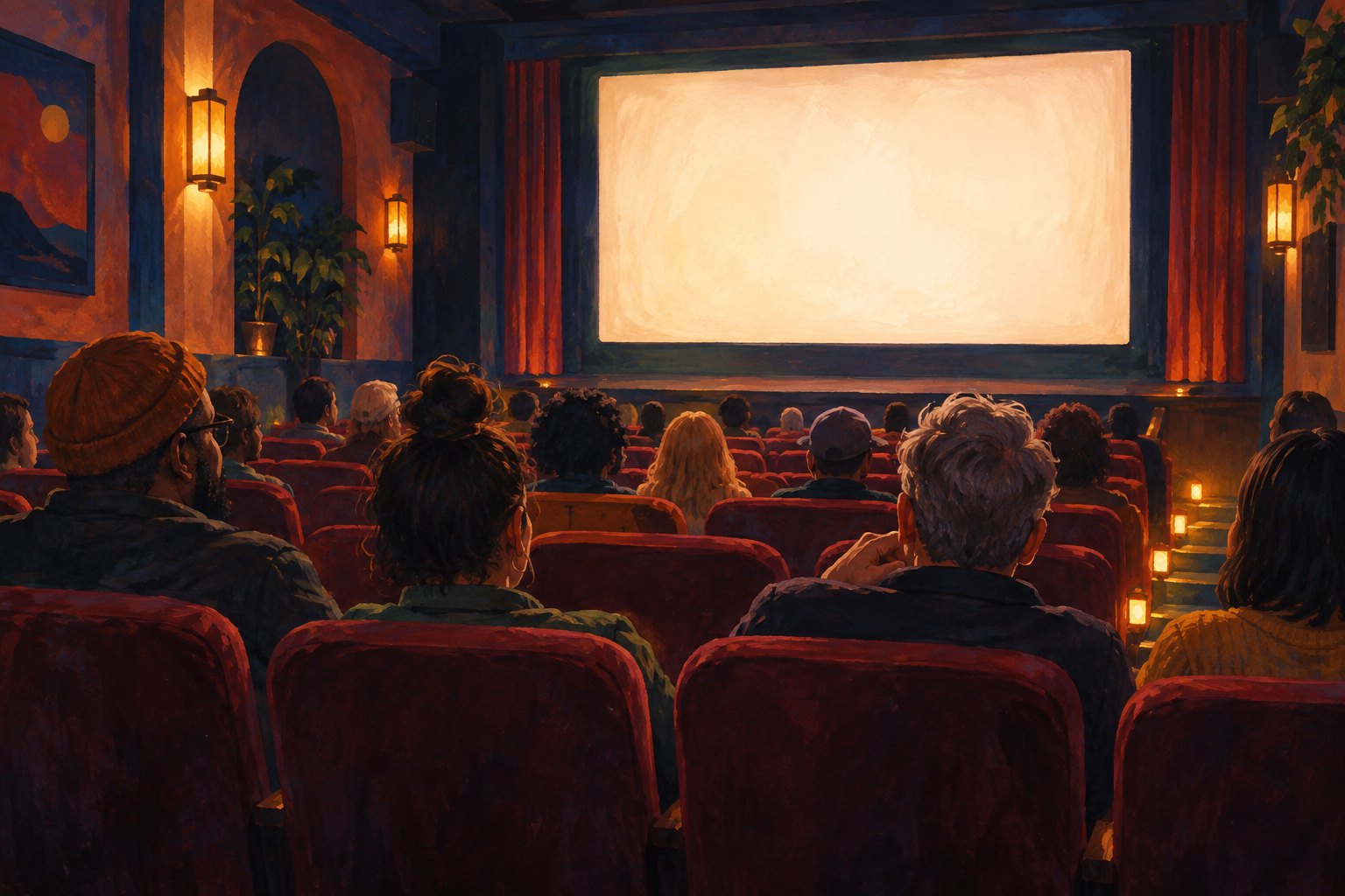 Painterly illustration of moviegoers seated in a small cinema facing a glowing blank screen.