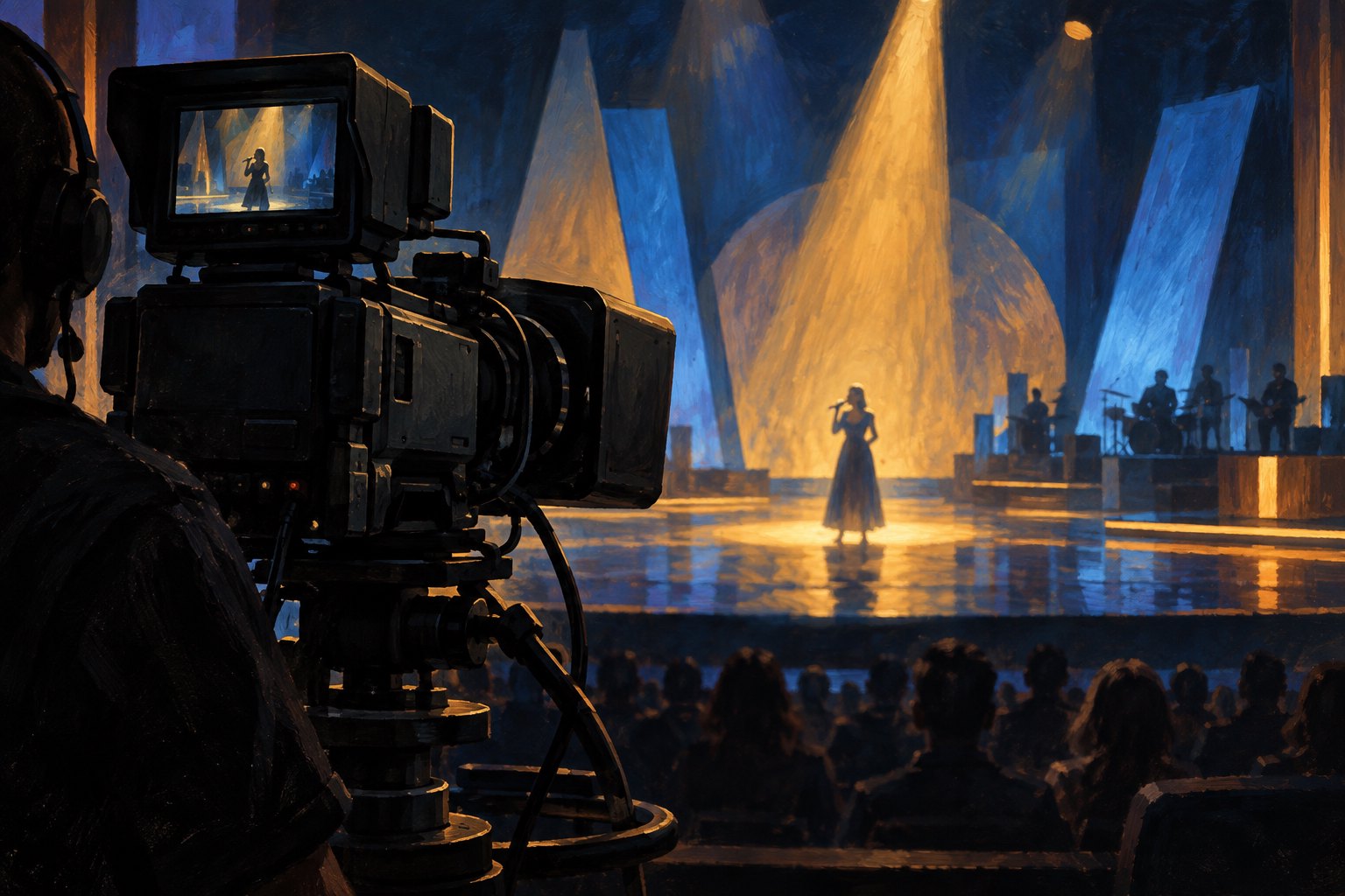 Conceptual illustration of a television camera framing a singer on a fictional stage illuminated in amber and blue.