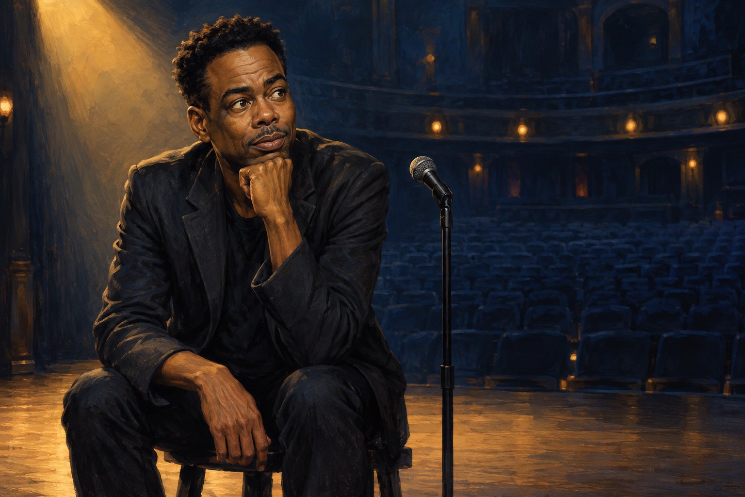 Painted editorial portrait of Chris Rock seated beside a microphone on an empty stage under warm lighting.