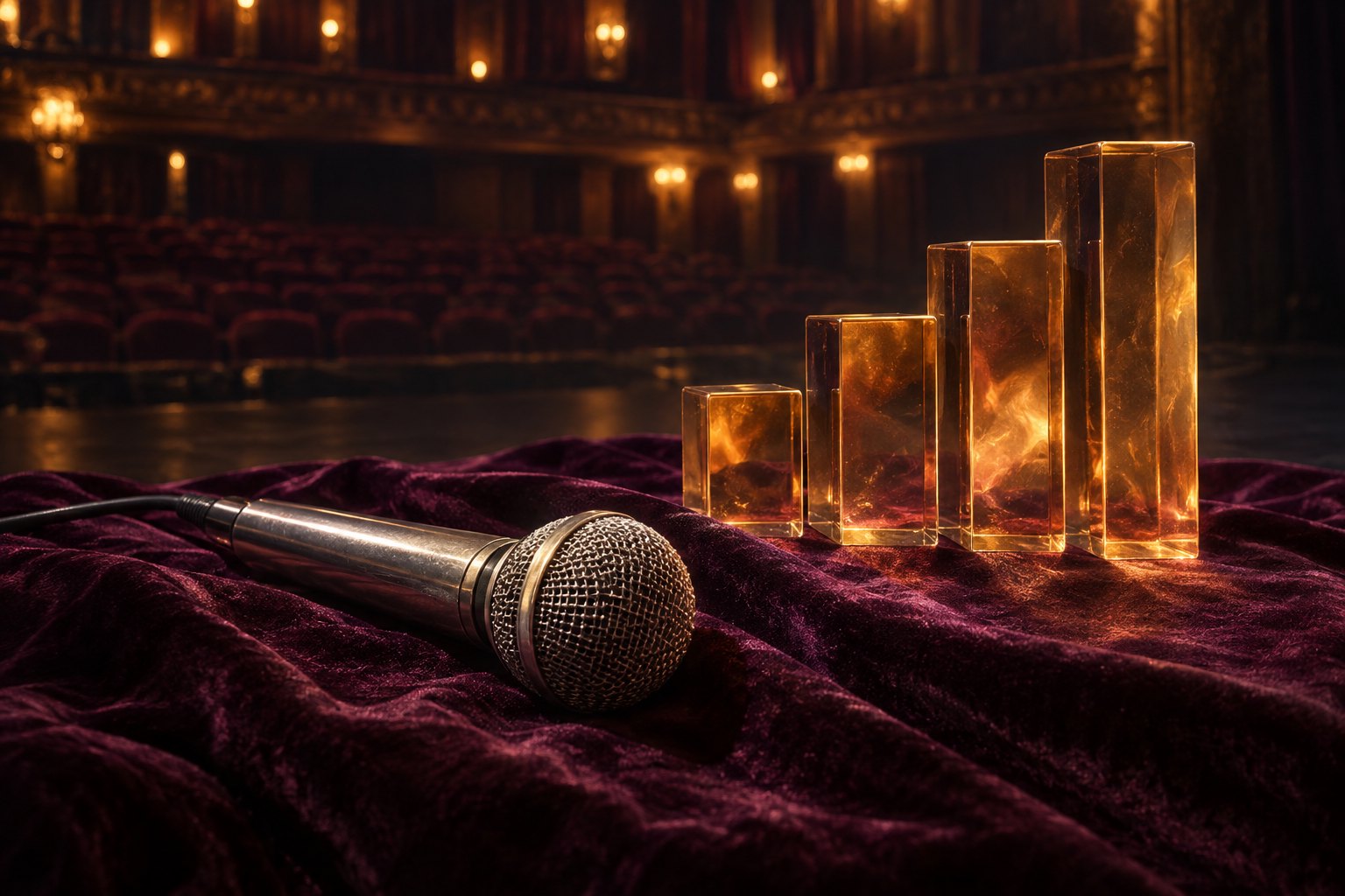 A silver microphone rests on plum fabric beside ascending amber glass blocks in an empty theater, symbolizing performance and accumulated achievement.